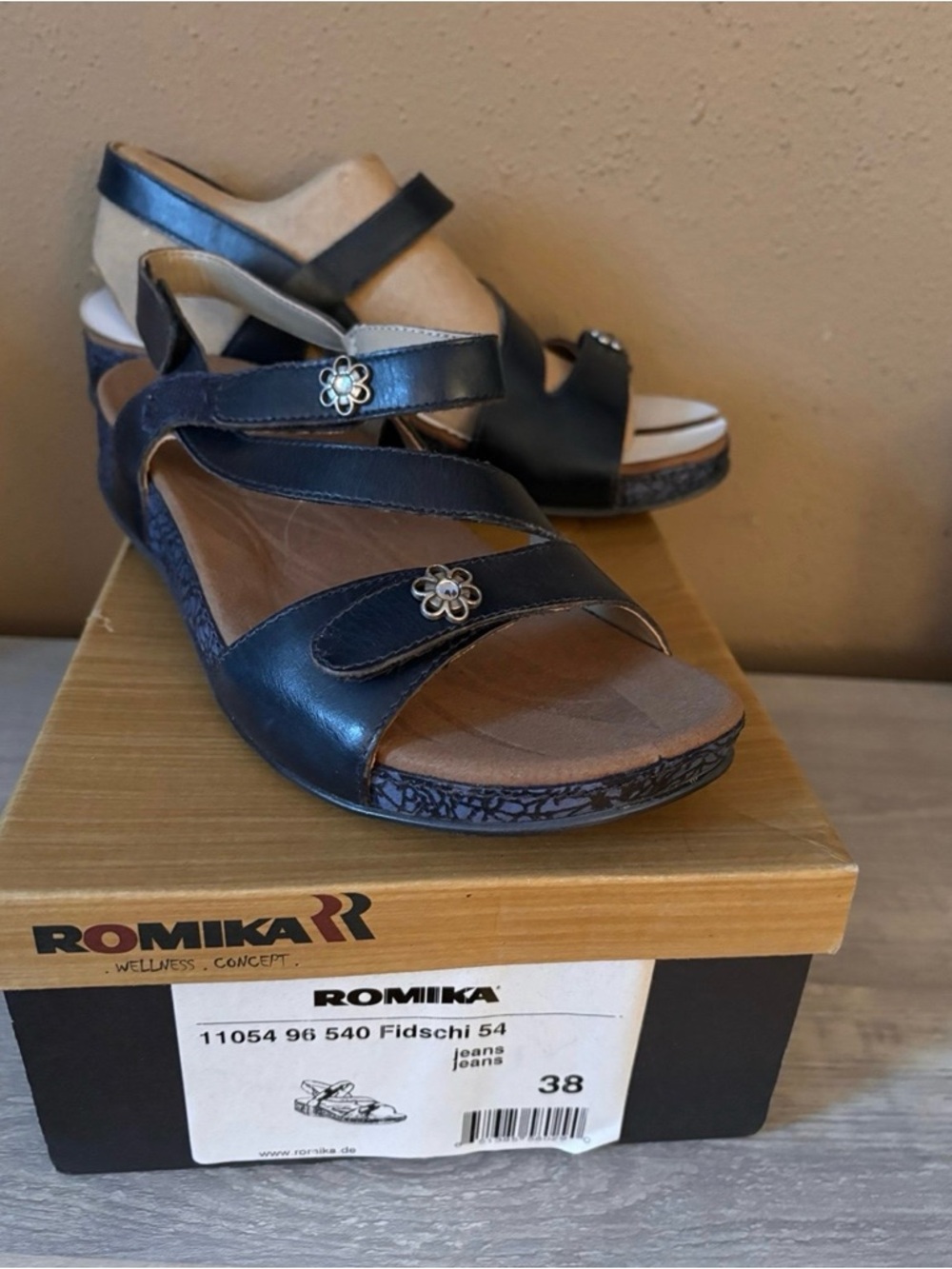 Romika Navy Leather Wedge Sandals with Floral Accent